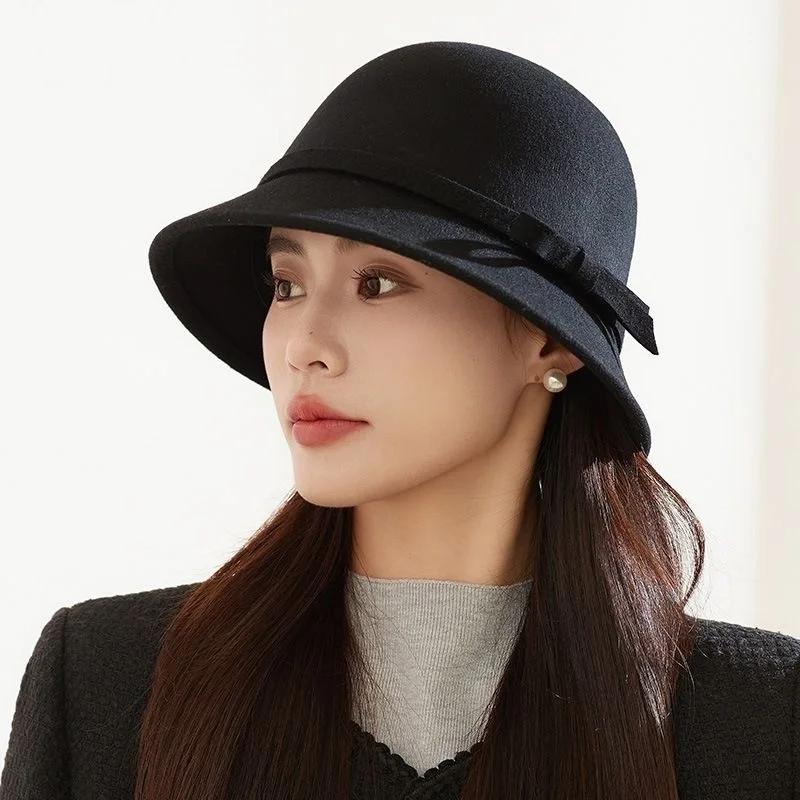 Elegant Women Felt Dome Bucket Hat Vintage Bowknot Fedoras Hats Autumn Winter Ladies Imitation Woolen Bowler Cap