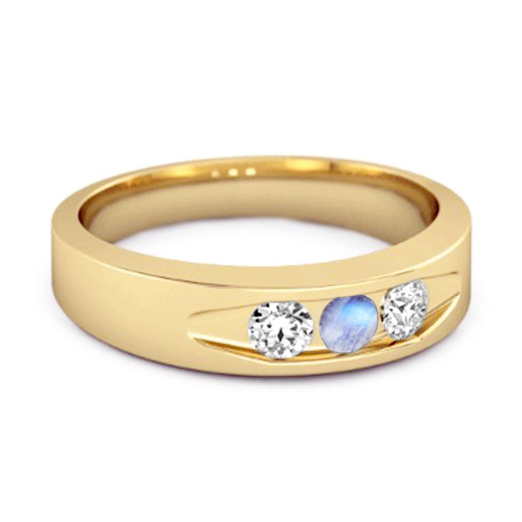 Moonstone Three Stone Band Ring - 925 Sterling Silver Gold Vermeil