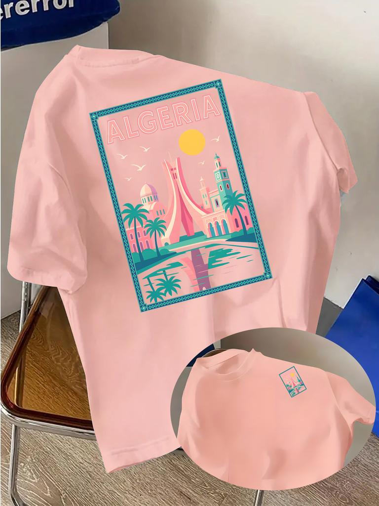 Vibrant Algeria Cityscape Tee with Retro Style Buildings and Palm Tree Print 100 Cotton Unisexs Tshirt Summer Casual Wear