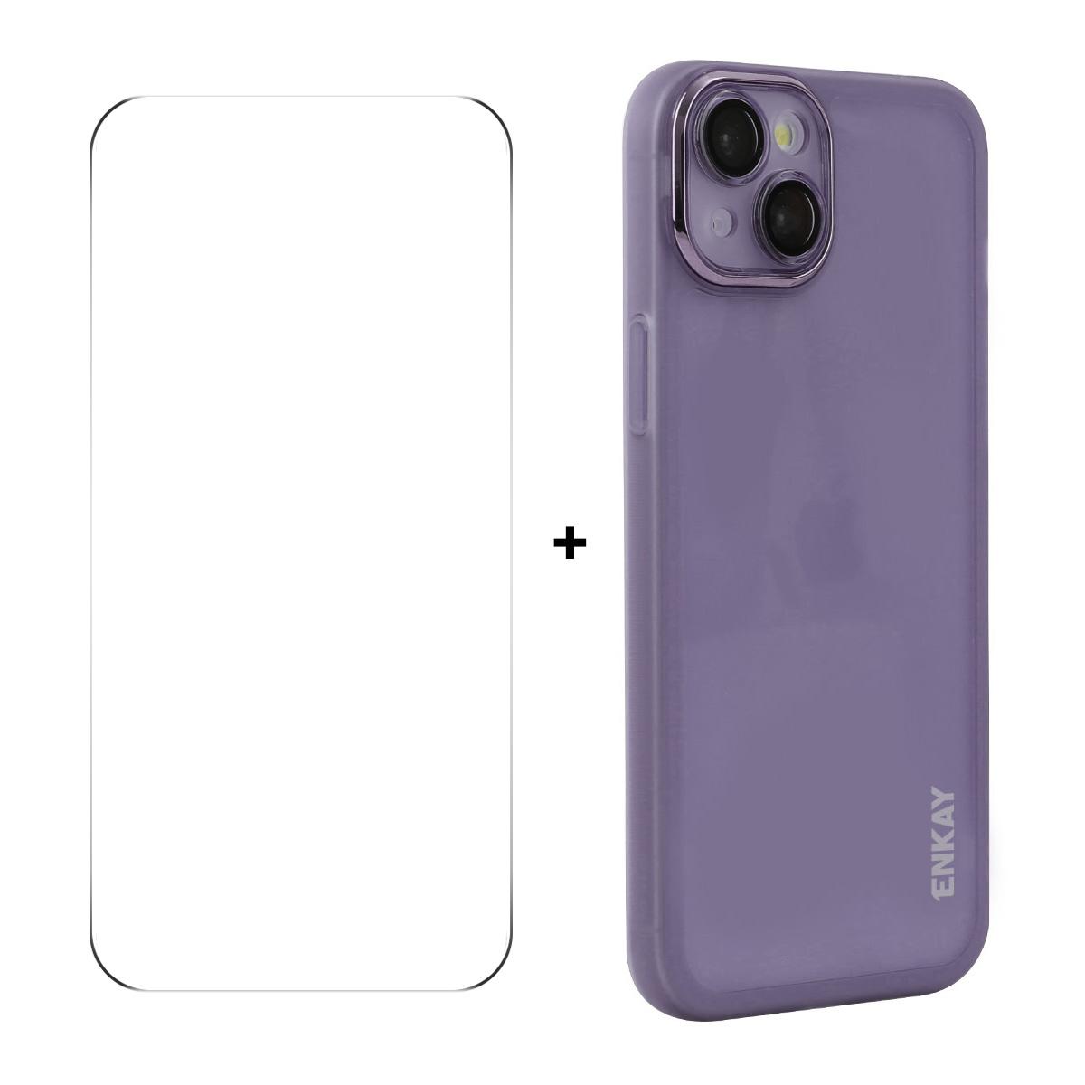

For iPhone 14 Plus Case Matte TPU Phone Cover with Lens Film+9H Glass Protector Purple