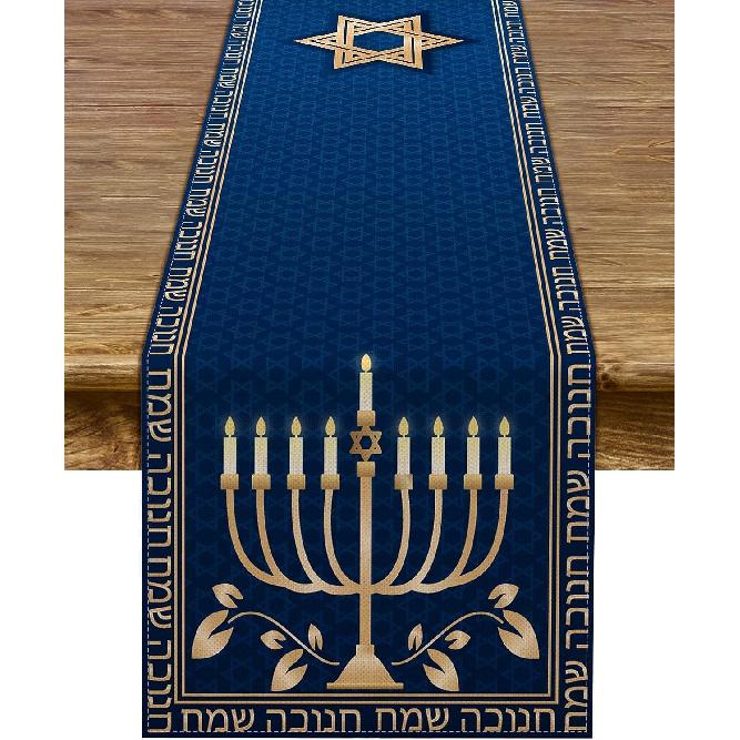 Hanukkah Table Runner Chanukah Menorah Star of David Je Festival Holiday Party Kitchen Dining Home Decoration (13" x 72")