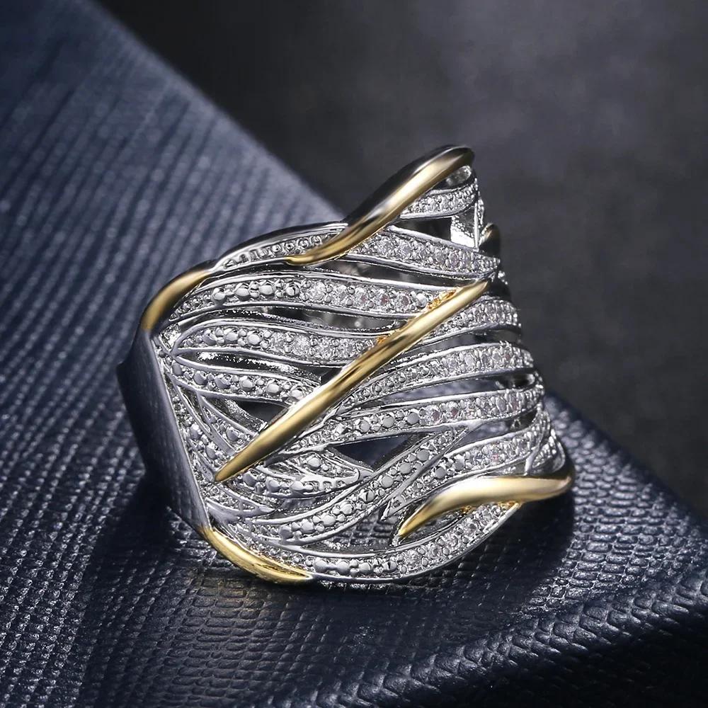 Fashionable Two-Tone Geometric Hollow Out Ring For Women Metallic Party Accessory Lady'S Stylish Jewelry