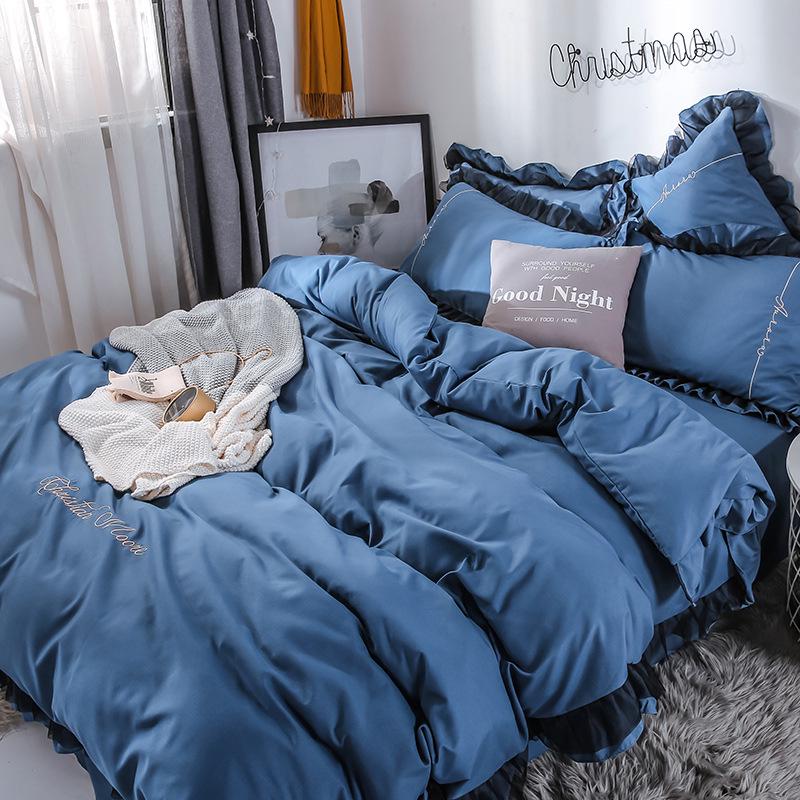 4 PCS Elegant Lace Cotton Bedding Set Bed Sheet Bed Cover Queen/king Size Solid Color Quilt Cover