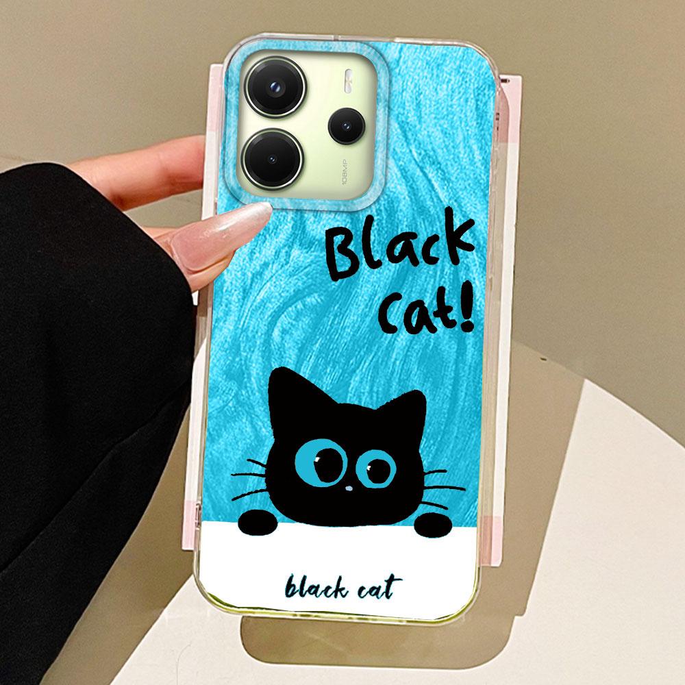 Green Cartoon Black Cat Camlet Texture Phone Case for Xiaomi Redmi 13C 14C A5 A3 A4 A3X Note 14 13 12 11 11S 10 Pro Shell Cover