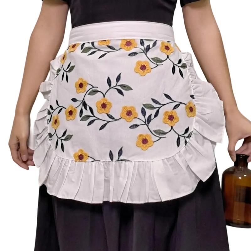 Adjustable Floral Embroidery Server Aprons Waiter Waitress Aprons Ruffle Half Aprons for Women Girls Waist Aprons Gifts жёлтый