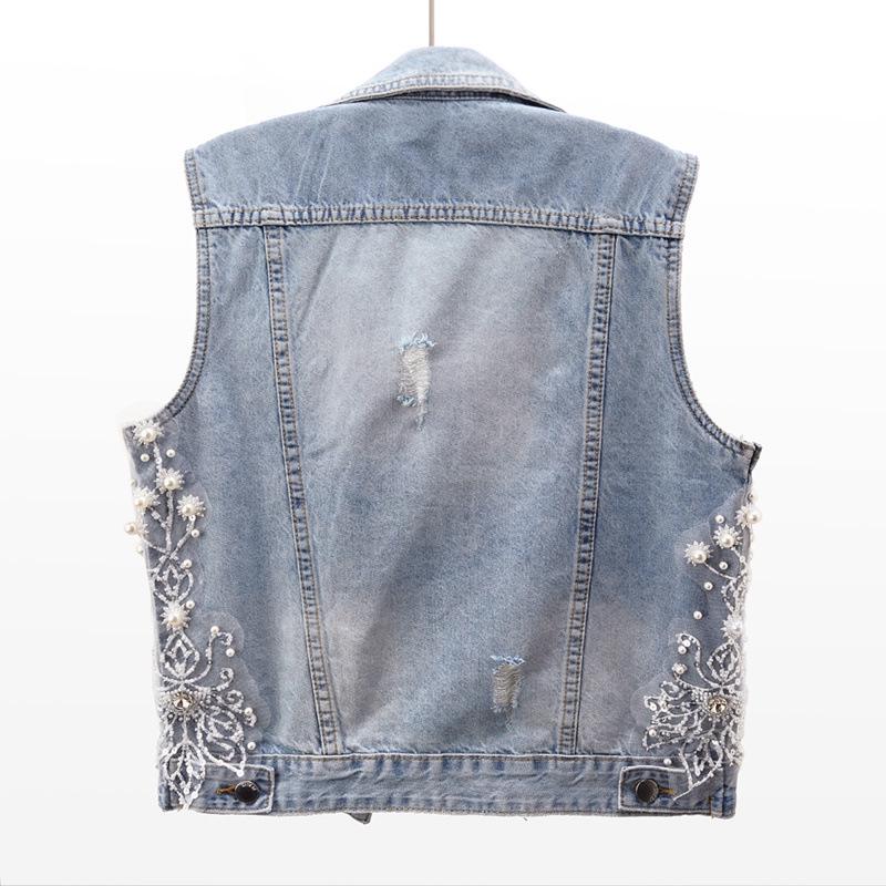 2025 Spring/Summer Women's Distressed Denim Vest with Heavy Beaded Floral Design