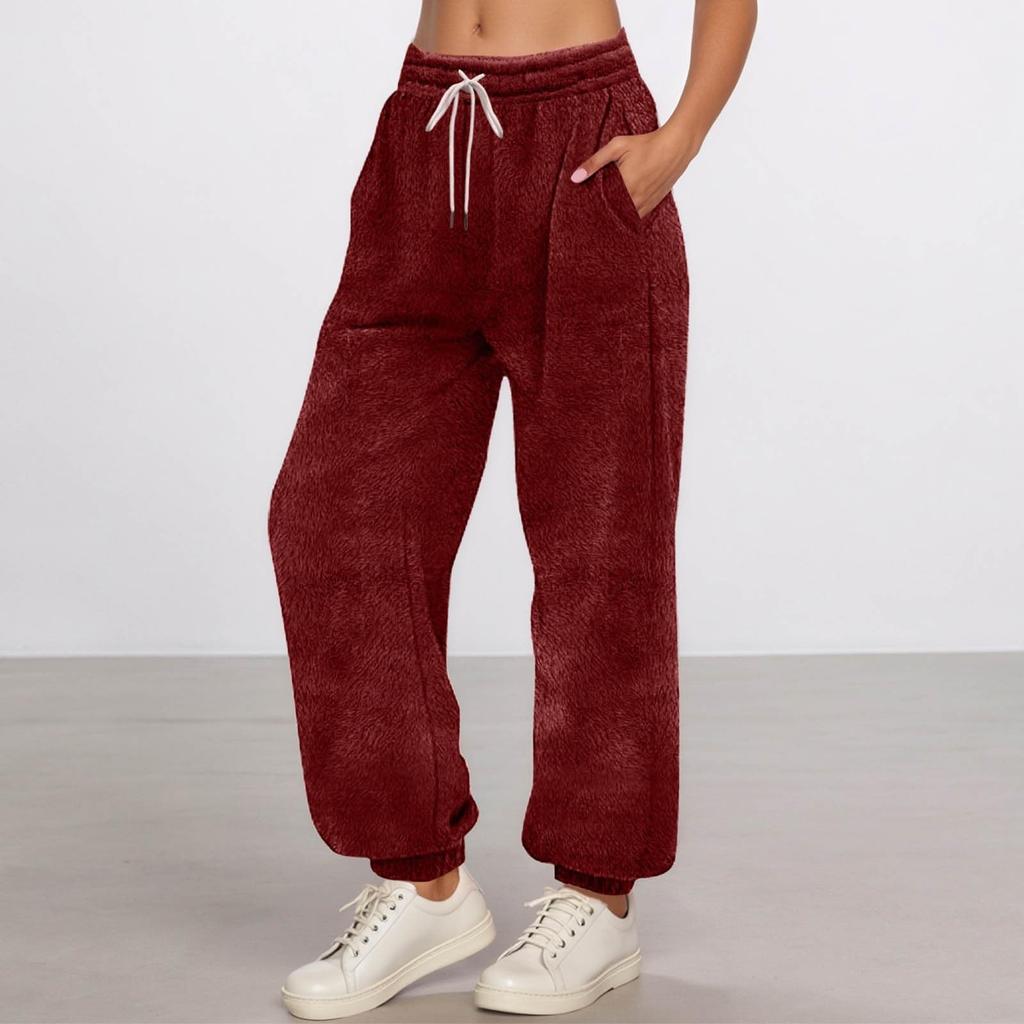 Women's Fashionable Solid Color Pocket Drawstring Elastic Waist Plush Casual Pants