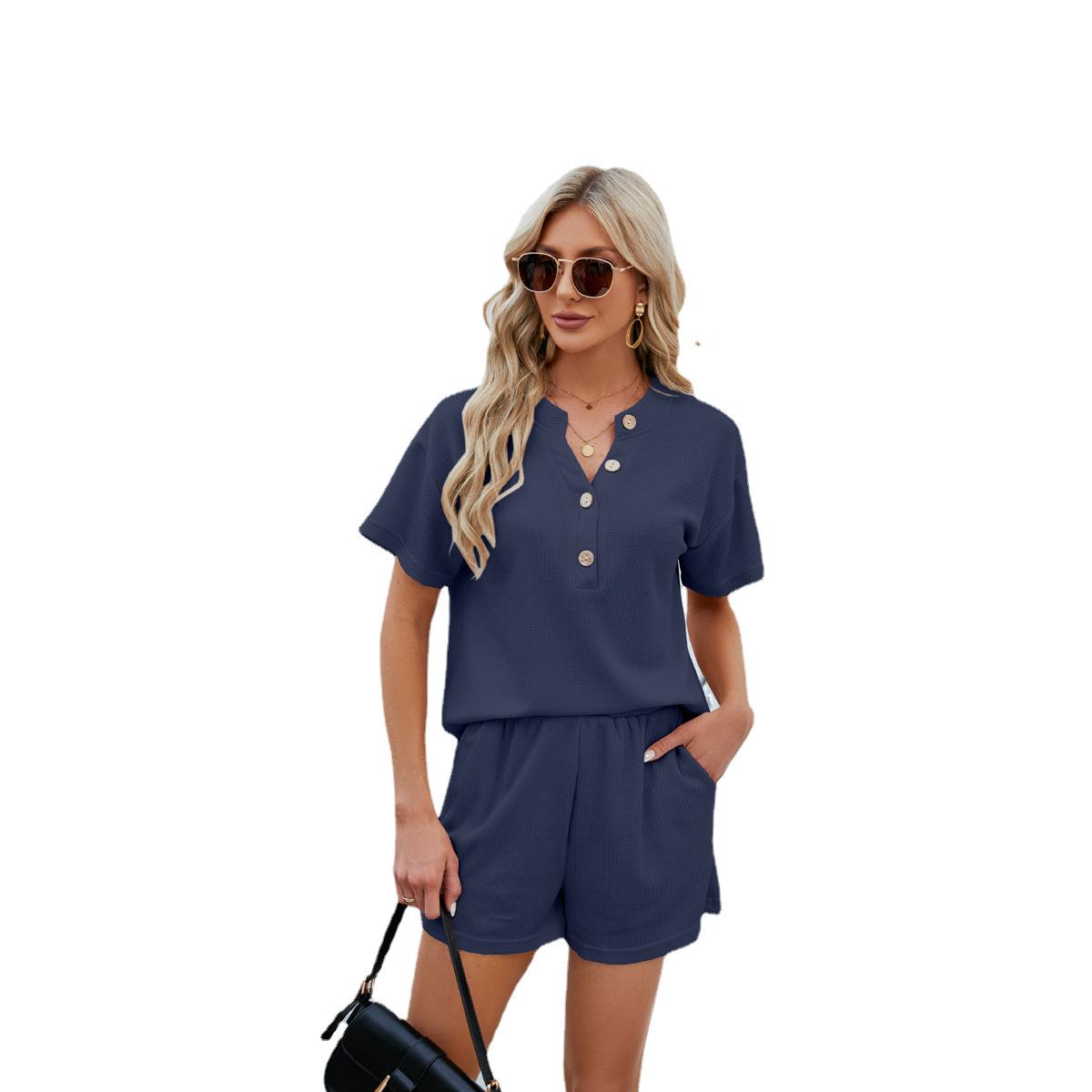 

Летняя женская футболка и шорты, комплект домашней одежды, однотонный повседневный вафельный комплект из двух шорт XL тёмно-синий