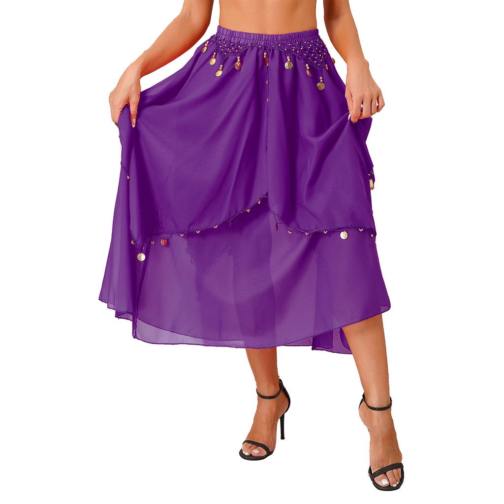 Ladies Sequin Beaded Belly Dance Skirt Chiffon Fabric Elastic Waistband Performance Costume Practice Dancewear