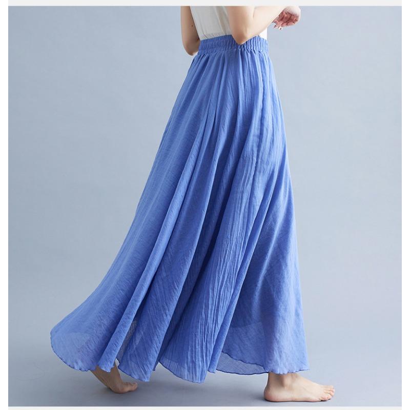Long A-line Skirt In Cotton and Linen with Elastic Waist In Pure Color for Summer and Autumn