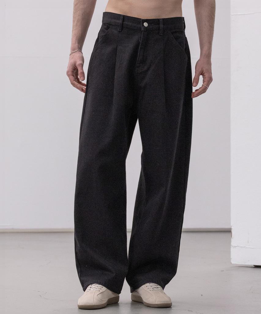 Dekkoloso Washed Cotton One-Pleat Wide Pants [Black]