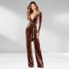 Damen V-Ausschnitt Gürtel Damen Einteiler Mode Langarm Samt Einteiler Hose