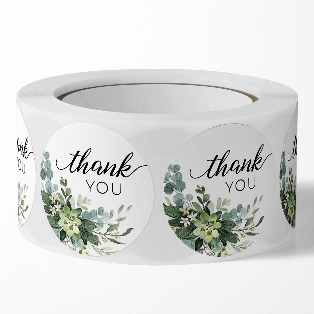 500 PCs/roll 1 Inch Green Floral Thank You Stickers for Gift Wrap, Envelope Closure, Small Business Office Supplies, Diy Decor