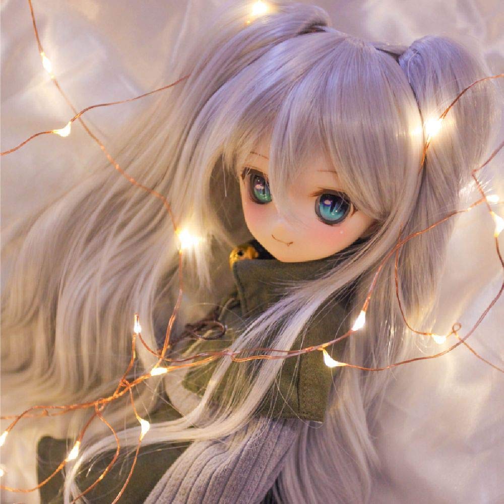 YR EARTH 8–9 inch Heat-Resistant Doll Wig (1/3 BJD/DD/DDS/MDD, Top Twin-Tails, Wavy Long, Pearl Gray)