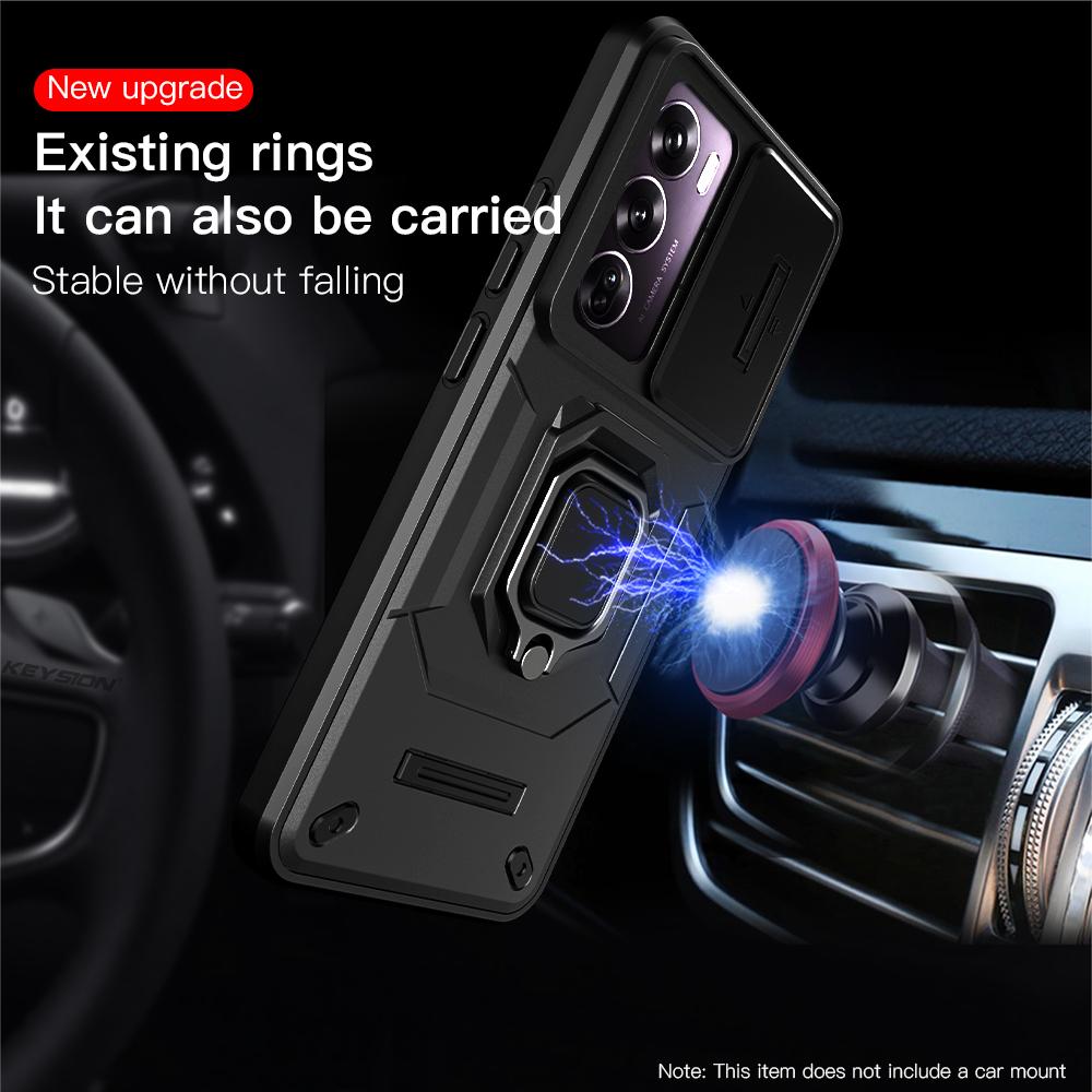 KEYSION Shockproof Case for OPPO Reno 12 Pro 5G Slide Push Pull Camera Lens Protection Ring Stand Phone Cover for OPPO Reno12 5G