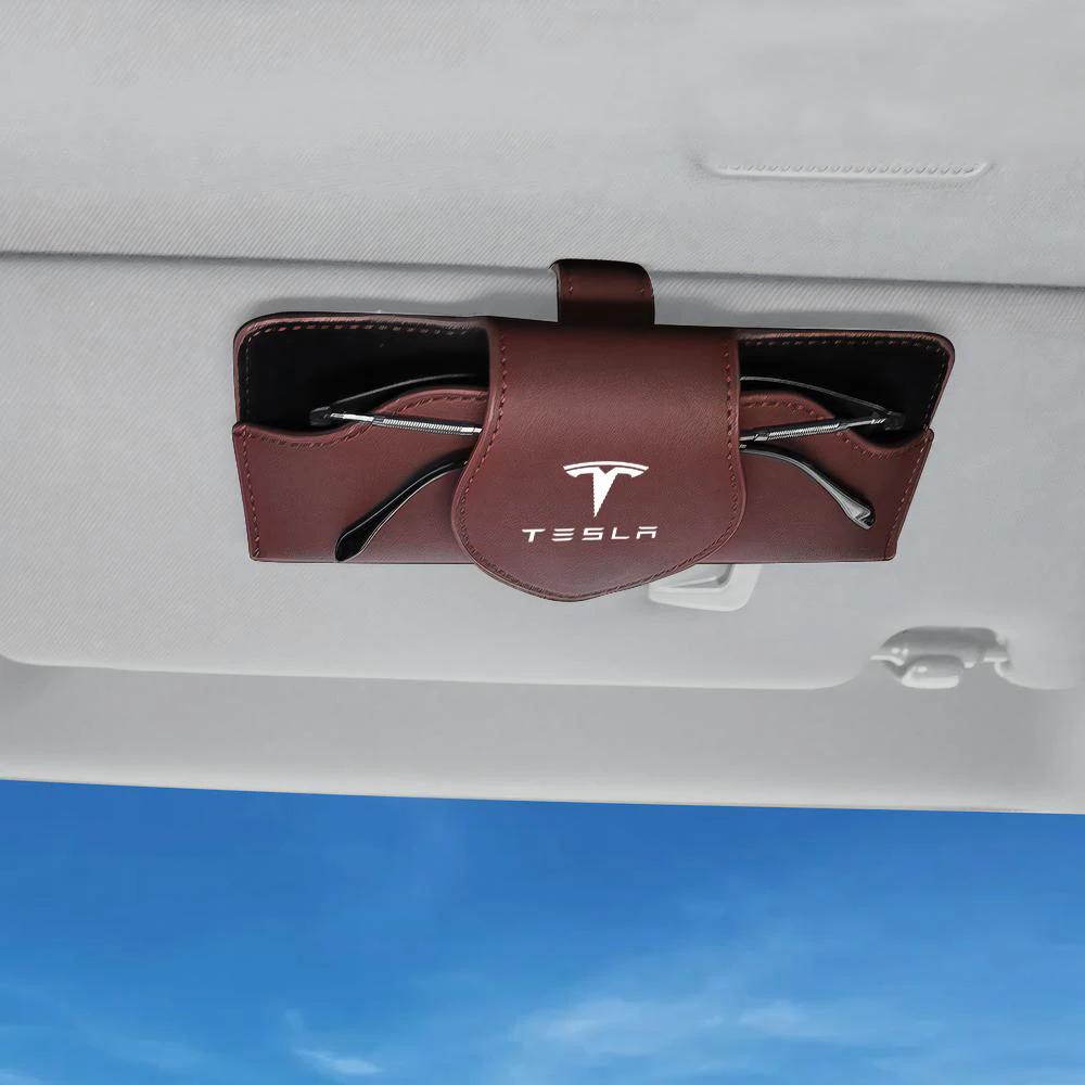 Car Sticker Tesla 1/2Pcs Car Glasses Clip Sun Visor Sunglasses Leather Storage Case For Tesla Model 3 Y S X Roadster Cybertruck