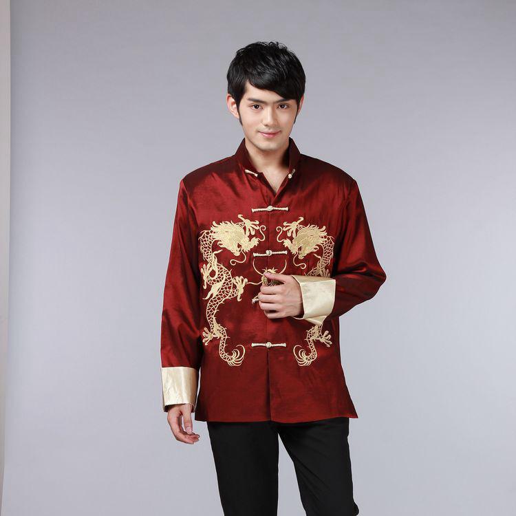 Men's Embroidered Double Dragon Tang Suit Jacket - Long Sleeve, Middle-Aged & Elderly, Spring/Autumn Casual Performance Top