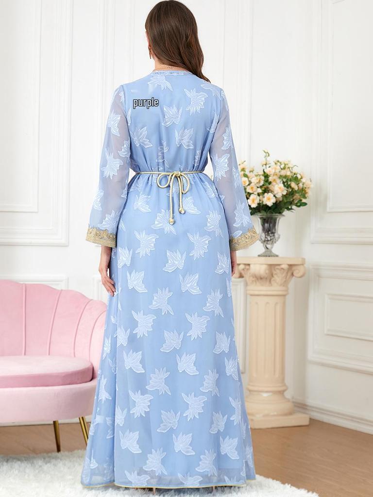 Women's V-neck Long Sleeve Middle Eastern Abaya Two-Piece Set Dress