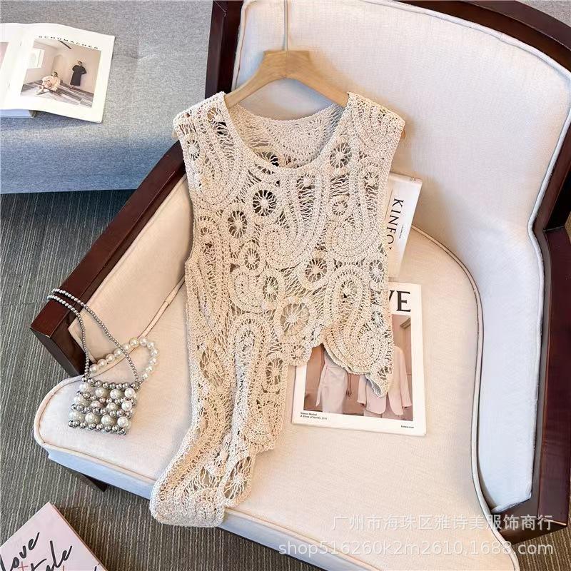 

Spring outerwear hook-up hollow blouse niche chic beautiful irregular knitted thin sleeveless top trendy One size fits all абрикосовий