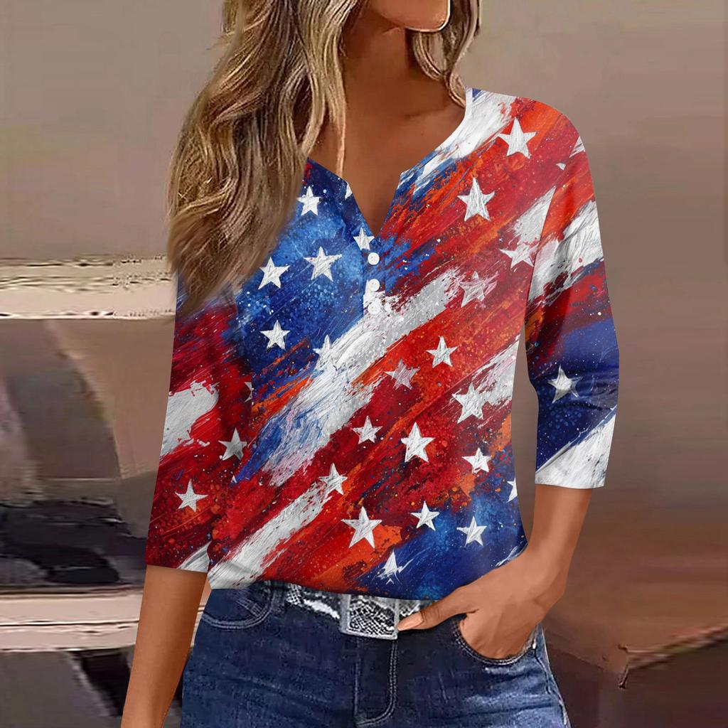 Women's T Shirt Independence Day Print Button 3/4 Sleeve Daily Weekend Fashion Basic V- Neck Regular Top