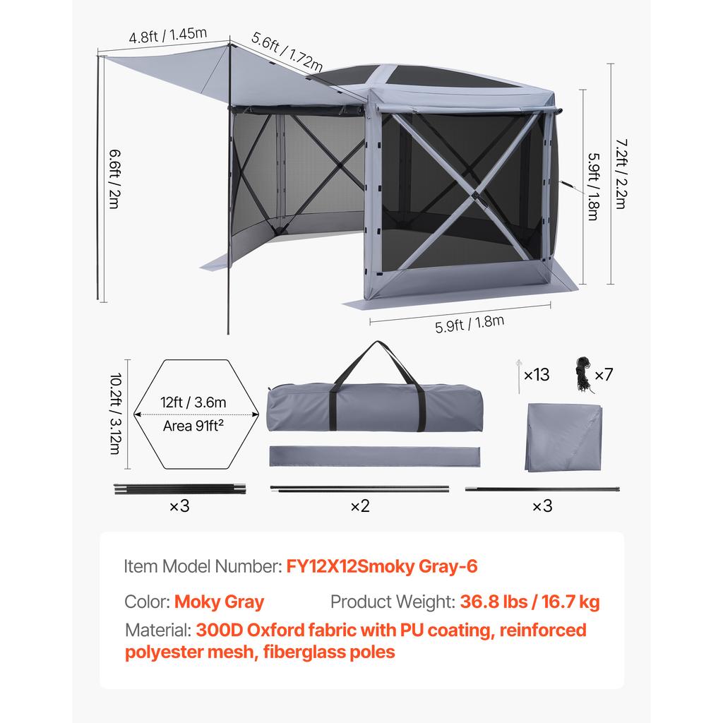 SucceBuy Pop up Gazebo Screen Tent Large Camping Canopy Tent with Removable Top & Carry Bag Quick-Set & Bite-Proof for Backyard