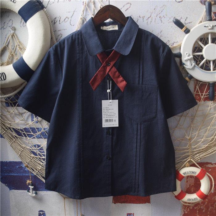 Женская летняя свободная рубашка с коротким рукавом и плиссировкой-гармошкой, с галстуком-бабочкой - Японский школьный стиль XXL темно-синий