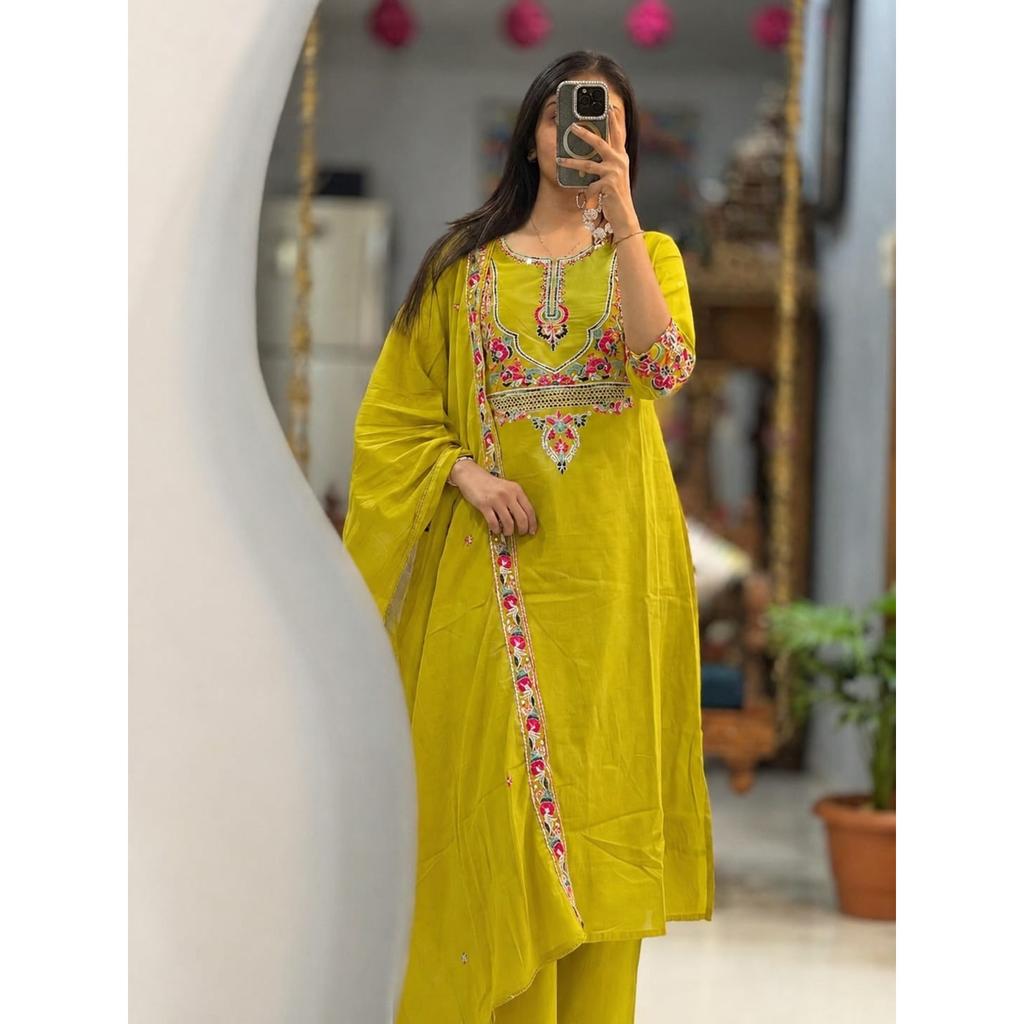 Premium Cotton Embroidery Kurti Pant Dupatta Set Indian Bollywood Ethnic Suit