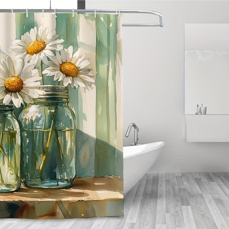 Spring Daisy Mason Jar Design Shower Curtain , Polyester, Easy Clean, with Hooks for Bathroom Decor
