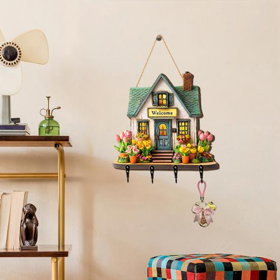 Hängendes Schild 'Feenhaus' aus Holz, Schlüsselhalter im Landhausstil Wanddeko mit 4 Haken, Vintage Blumen-Hängegestell für Eingangsbereich Flur Küche