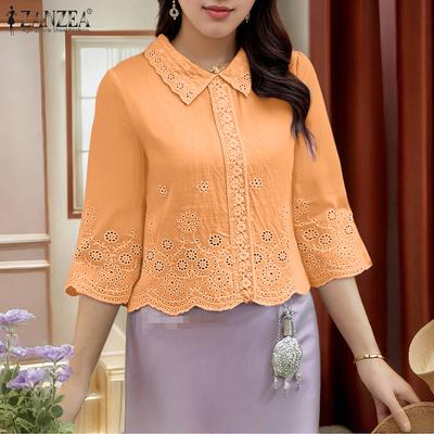 Women Casual Turn Down Collar 3/4 Sleeve Loose Crochet Blouse