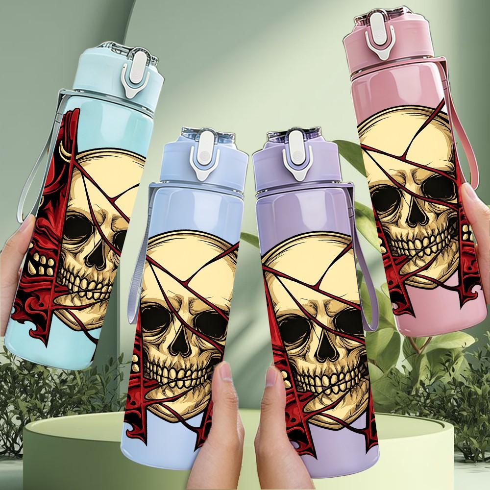 1PC Red Skull Rose Ornate Print 750ml Color Plastic Sports Water Bottle Leakproof Flip Straw Lid Suitable for Sports Office Home Use