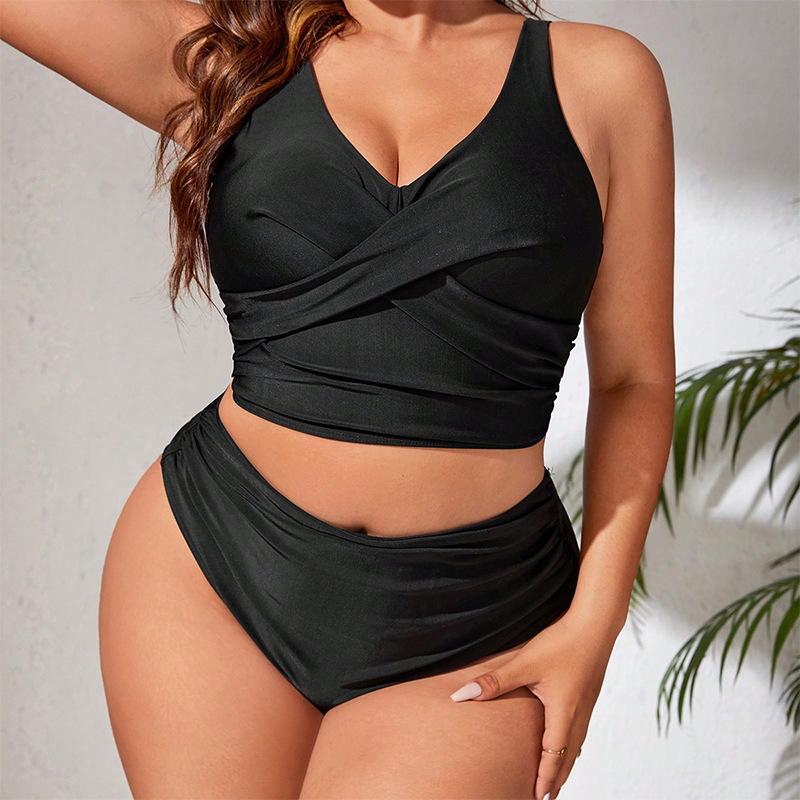 TS JYL-SW181 Solid Plus Size Bikini, High-Waist Two-Piece Swimwear For Curvy S gamboge