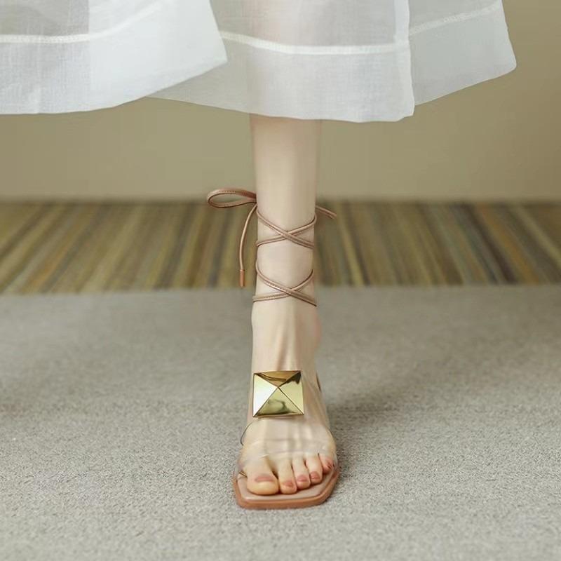 Square Heel Sandals New Summer Square Head Metal Buckle After The Cross Strap Soft Low Anti-slip Wear-resistant Heel Shoes