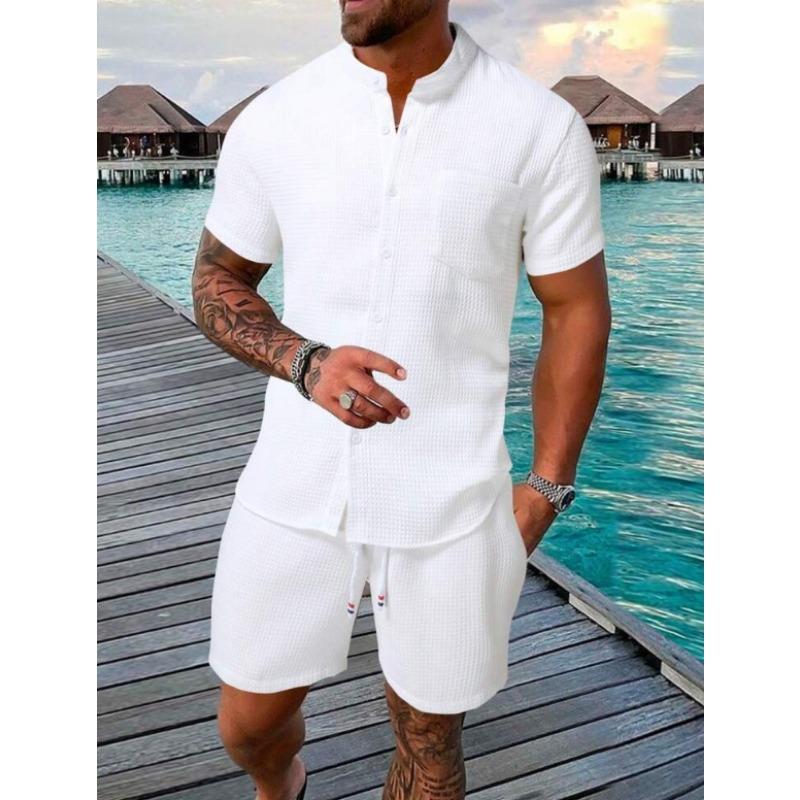 

Men s White Waffle Knit 2-Piece Set Mandarin Collar Shirt & Shorts Beach Outfit S білий
