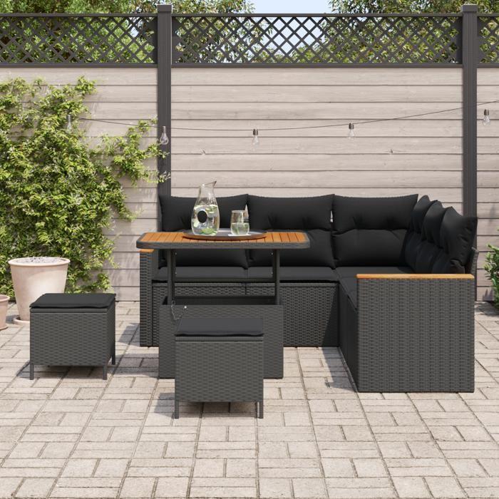 Ensemble de canapés de jardin de 8 pièces avec coussins noir rattan poly acacia, Ensemble de salle à manger de jardin de 3 3363044