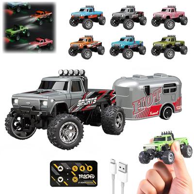 RC Truck USB-C Rechargeable Underflow With Trailer, 1:64 Scale Truck Remote Control Car With Lights, 2.4Ghz Remote Control