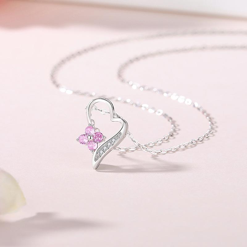 Tichya S925 Sterling Silver Heart & Four-Leaf Clover Necklace for Women - Sweet Peach Heart Design 925 Silver
