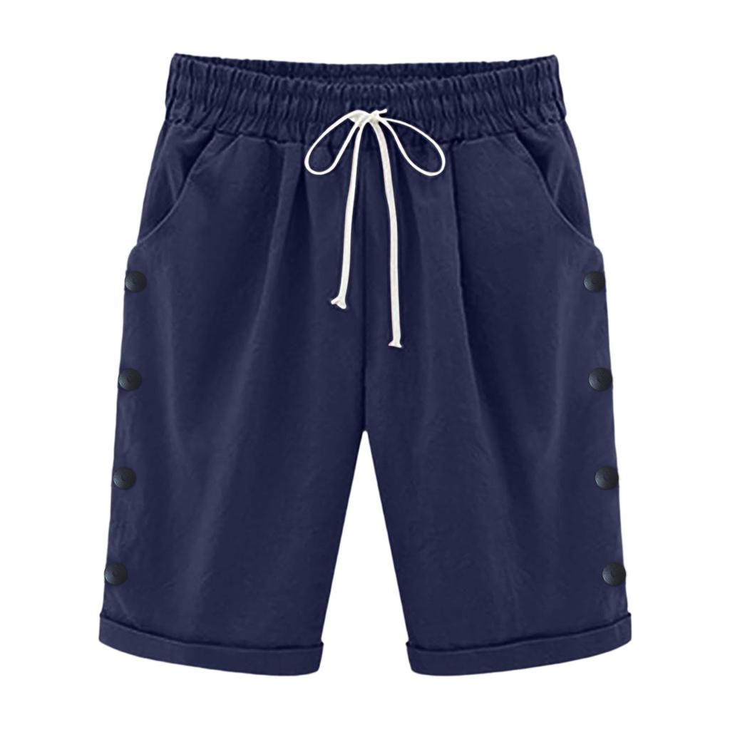 Dames Moteable Ensfarget Snøring Elastisk Midje Lomme Casual Korte Bukser