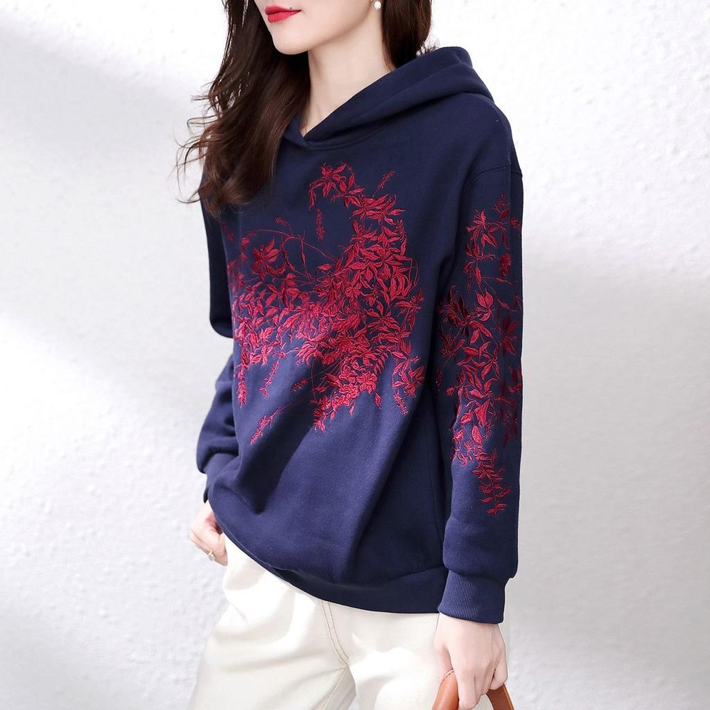 Autumn Winter Pullovers Embroidery Nylon Cotton Women's Clothing Printing Thick Casual Slight Strech Hooded Loose Sweatshirts
