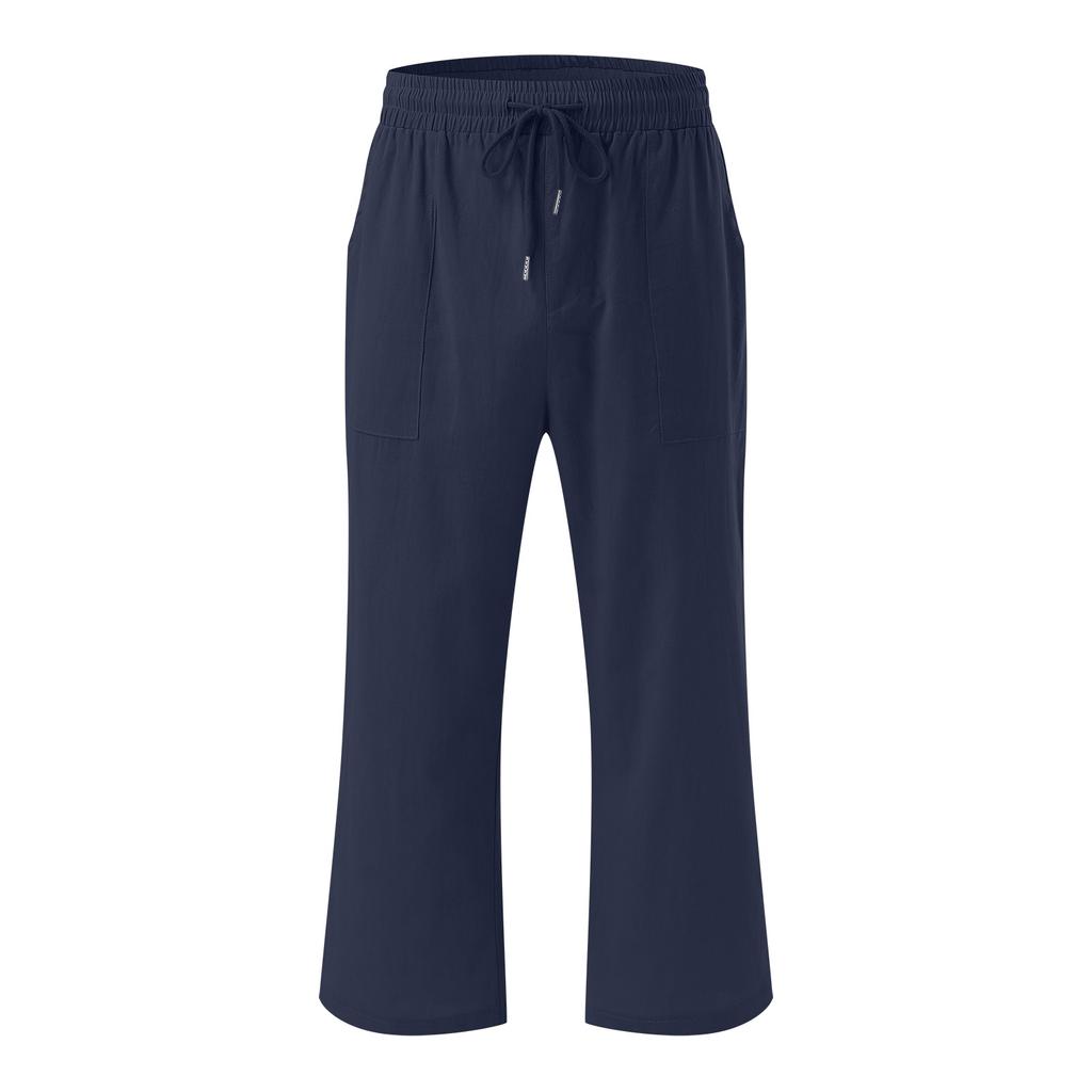 Men's Linen Pants Casual Lightweight 3/4 Baggy Pants Drawstring Elastic Waist Beach Yoga Pants With Pockets