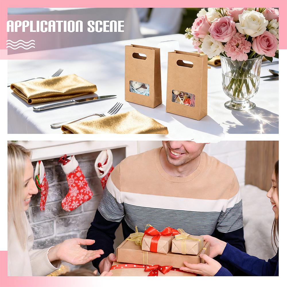 12pcs Kraft Paper Gift Bags with Visible Window and Die Cut Hole Handles Rectangle BurlyWood 14.8x6.8x23cm