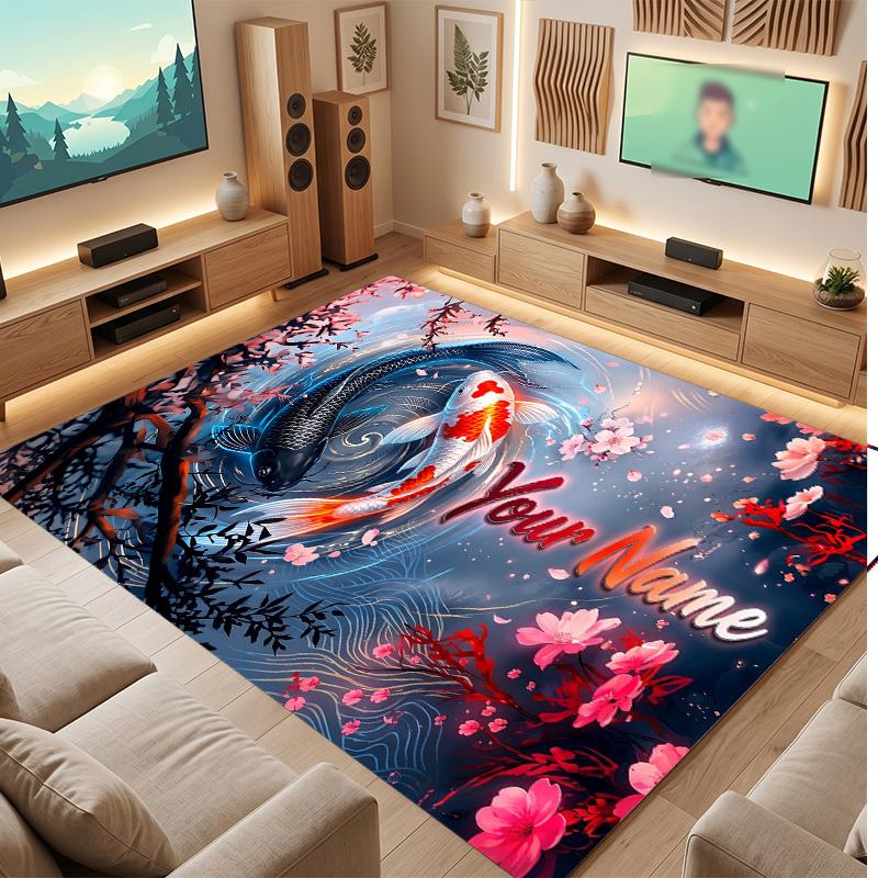 Koi Fish Theme Soft Crystal Velvet Rug Custom Name & Text Print Non Slip Floor Rug for Bedroom Living Room