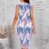 Women Plus Size Crew Neck Sleeveless Midi Dress Cyan Background Sunflower Allover Print Bodycon Dress