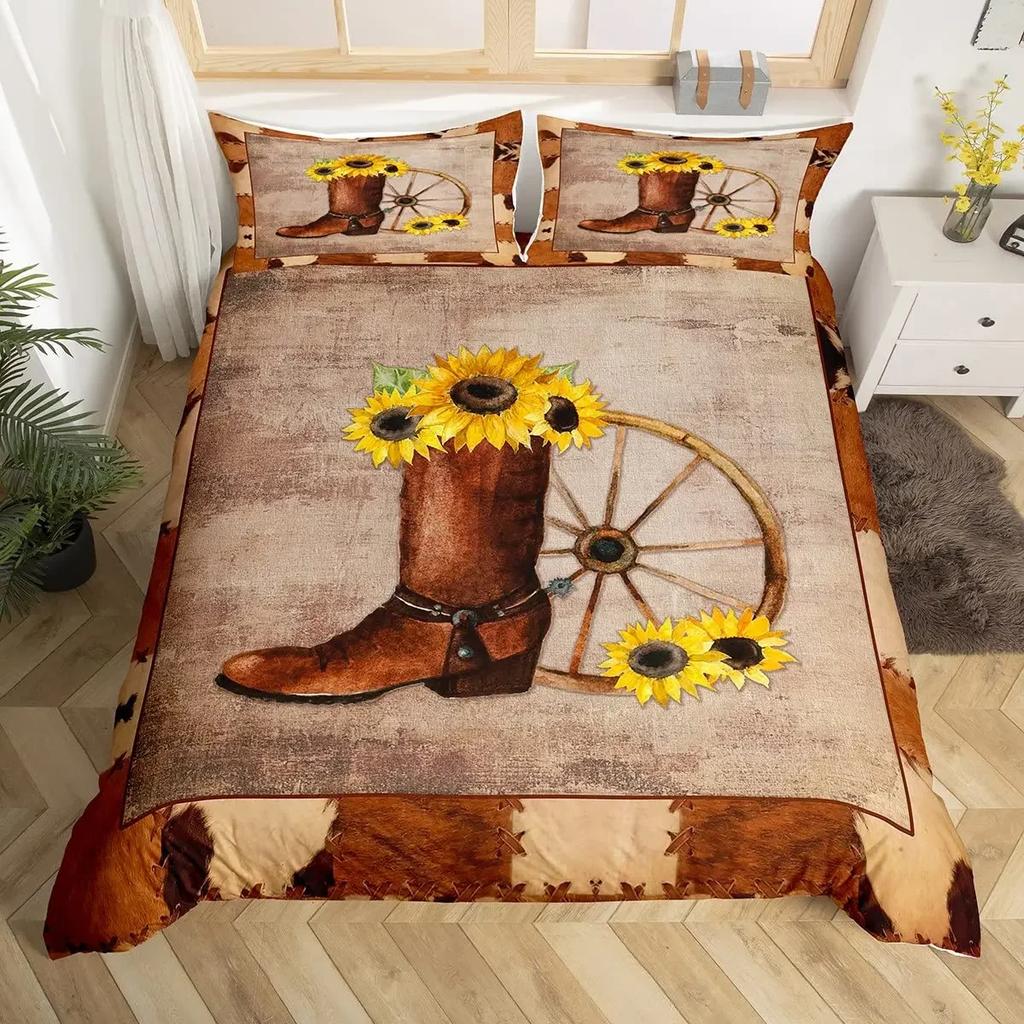 Western Cowboy Påslakanset Twin King Cowboys Stövlar Hatt Blommigt Sängklädesset Exotiskt Bondgård Ko-hud Lapptäcke Täcke