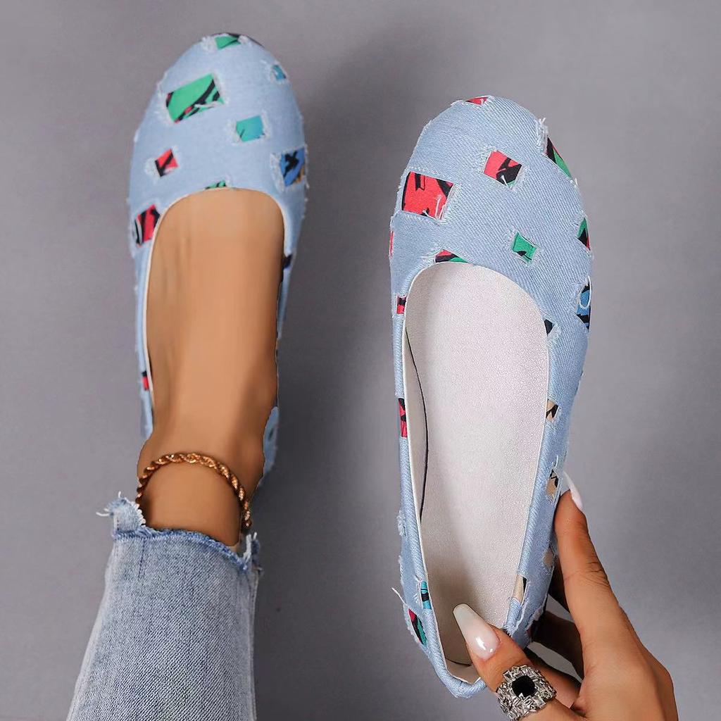 Kadın Loafer Ayakkabı 2024 Yeni Karışık Renkler Yama İşi Denim Nefes Alabilen Ayakkabılar Babet Mokasen Günlük Yuvarlak Burunlu Slip On Sığ Ayakkabılar