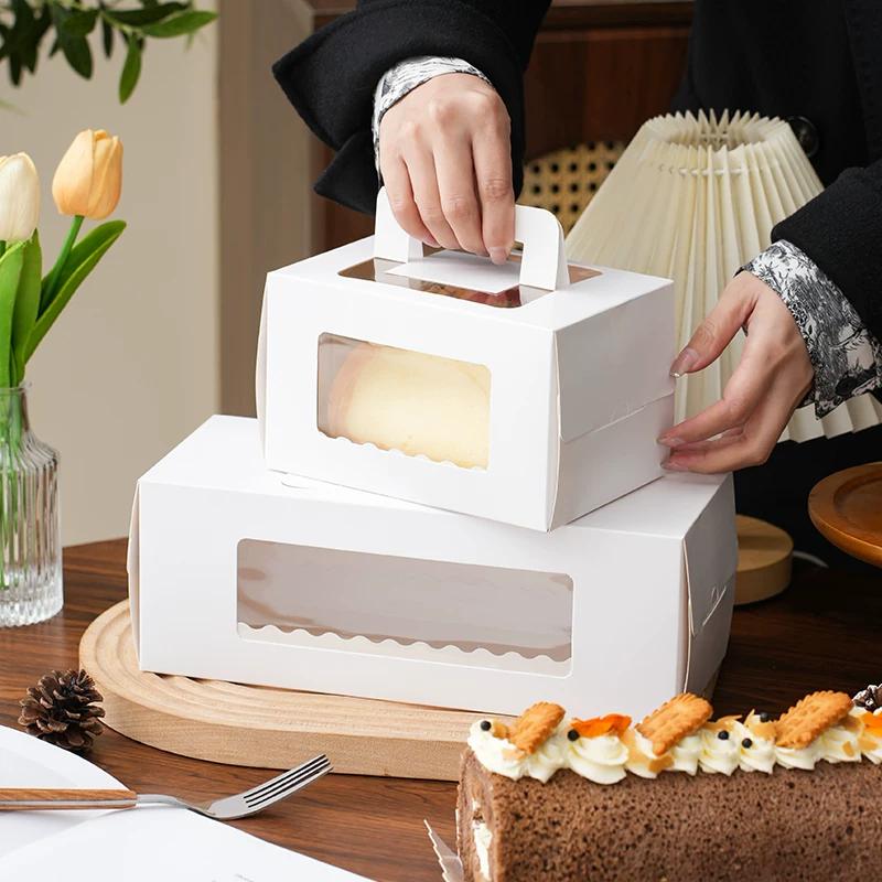 30 Sets Mousse Towel Roll Clear Window Packaging Boxes Color Cake Roll Packaging Portable Cases Long Swiss Roll Cardboard Box with White Tray