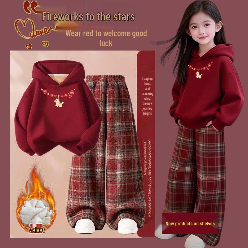 Girls' 2026 Winter Chic Hoodie & Plaid Sweatpants Set