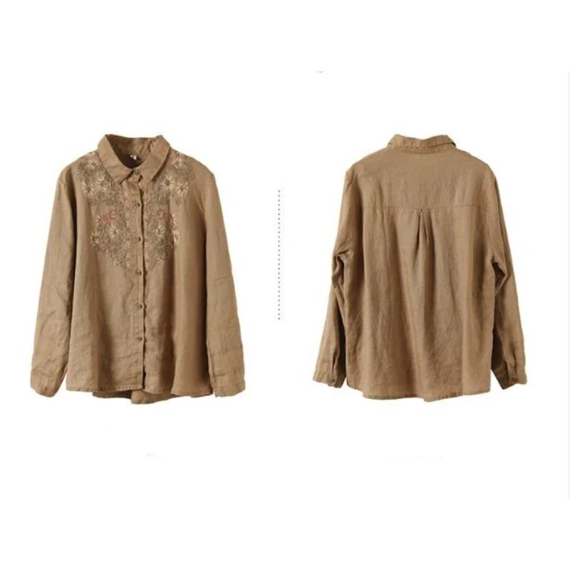 Retro Blouses Women National Shirt Linen Shirt Loose Embroidered Blous Laple Long Sleeve Cardigan Shirts