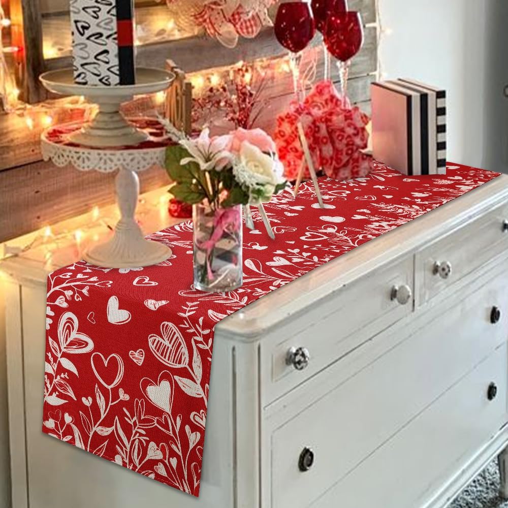 Valentine’s Day Red Heart Love Plant Table Runner 13x72 Inch , Holiday Kitchen Dining Tabletop Runners for Home Indoor Farmhouse Decoration
