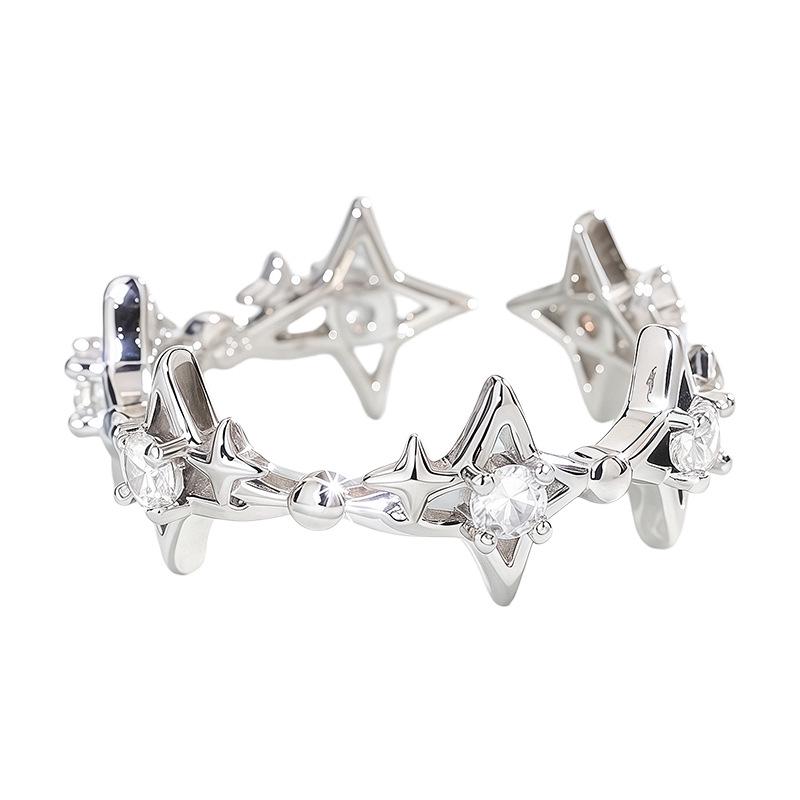 Four-Pointed Zircon Star Ring: Dreamy, Creative Double Star Design with Single Diamond.